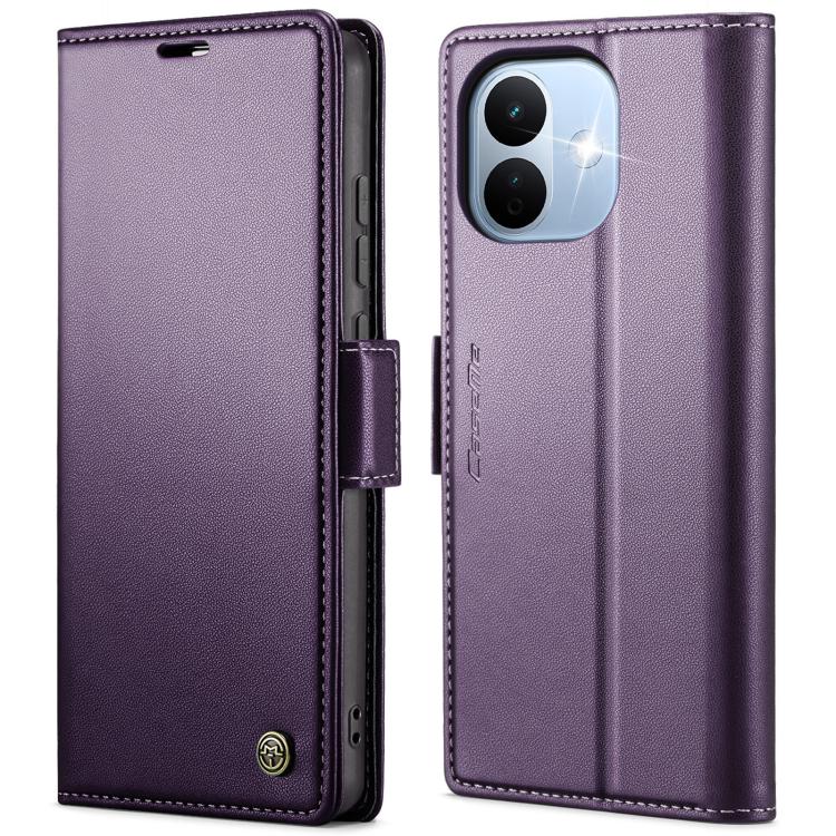 Purple leather wallet phone case with magnetic buckle, card slots, and camera cutout