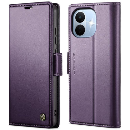 Purple leather wallet phone case with magnetic buckle, card slots, and camera cutout