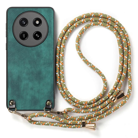 Green leather-look phone case with multicolor braided crossbody strap and metal clips