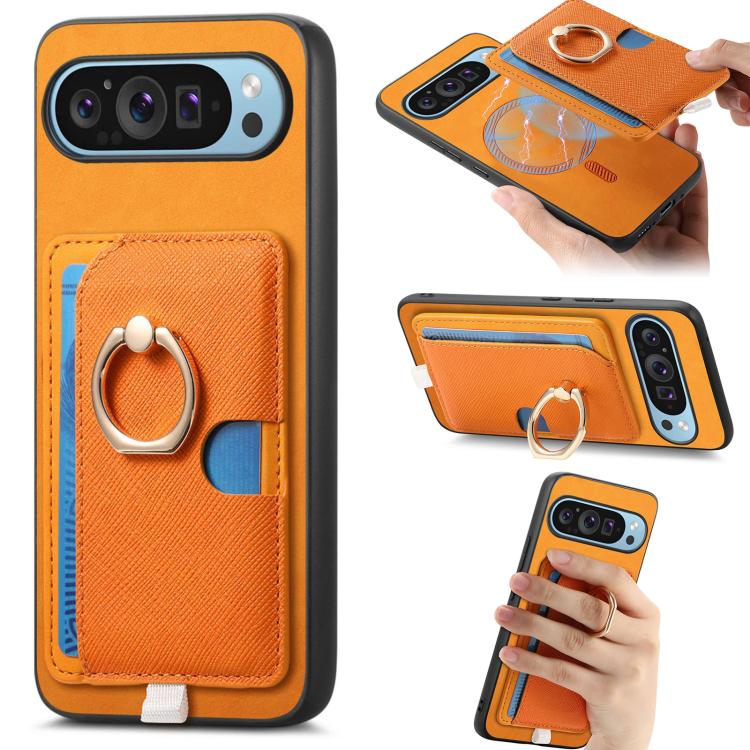 Retro Cross Leather Ring Side Insert Card Bag MagSafe Phone Case, Foor Google Pixel 11 Pro XL, For Google Pixel 11, For Google Pixel 11 Pro, For Google Pixel 10 Pro XL, For Google Pixel 9a, For Google Pixel 9 Pro XL, For Google Pixel 8a                ...