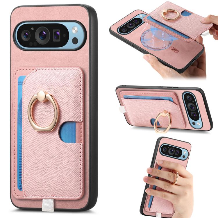 Retro Cross Leather Ring Side Insert Card Bag MagSafe Phone Case, Foor Google Pixel 11 Pro XL, For Google Pixel 11, For Google Pixel 11 Pro, For Google Pixel 10 Pro XL, For Google Pixel 9a, For Google Pixel 9 Pro XL, For Google Pixel 8a                ...