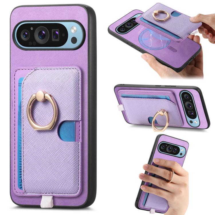 Retro Cross Leather Ring Side Insert Card Bag MagSafe Phone Case, Foor Google Pixel 11 Pro XL, For Google Pixel 11, For Google Pixel 11 Pro, For Google Pixel 10 Pro XL, For Google Pixel 9a, For Google Pixel 9 Pro XL, For Google Pixel 8a                ...