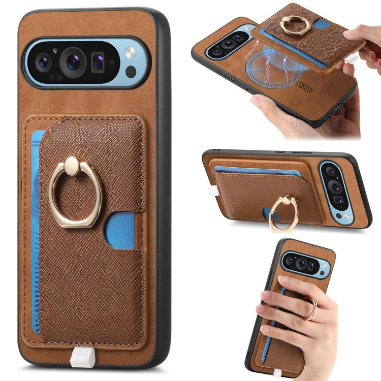 Retro Cross Leather Ring Side Insert Card Bag MagSafe Phone Case, Foor Google Pixel 11 Pro XL, For Google Pixel 11, For Google Pixel 11 Pro, For Google Pixel 10 Pro XL, For Google Pixel 9a, For Google Pixel 9 Pro XL, For Google Pixel 8a                ...