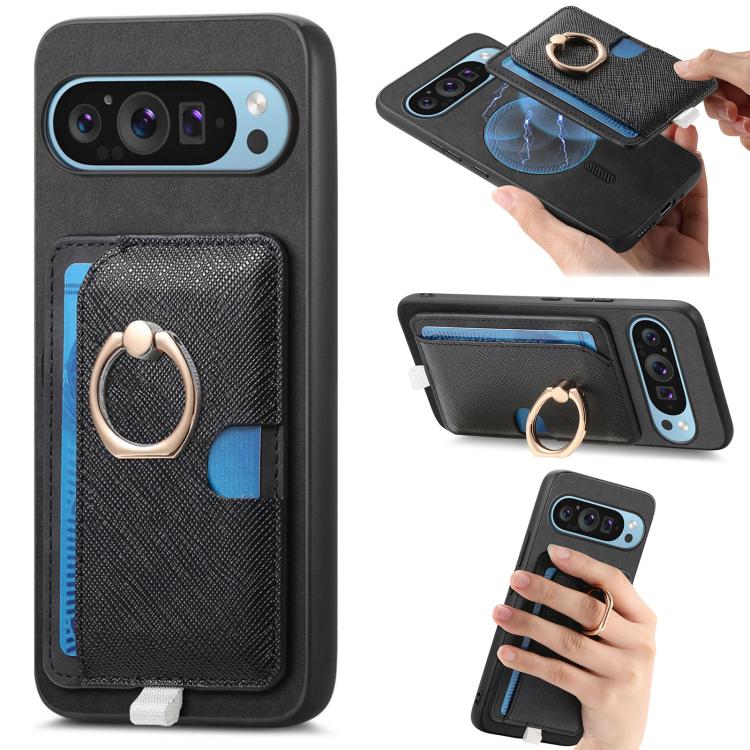 Retro Cross Leather Ring Side Insert Card Bag MagSafe Phone Case, Foor Google Pixel 11 Pro XL, For Google Pixel 11, For Google Pixel 11 Pro, For Google Pixel 10 Pro XL, For Google Pixel 9a, For Google Pixel 9 Pro XL, For Google Pixel 8a                ...