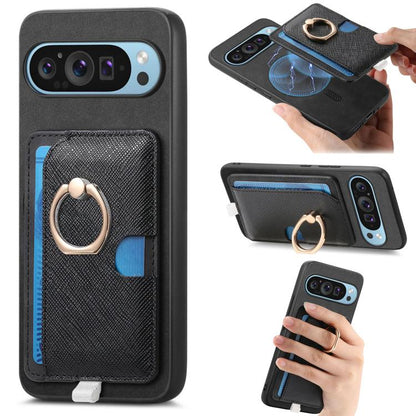 Retro Cross Leather Ring Side Insert Card Bag MagSafe Phone Case, Foor Google Pixel 11 Pro XL, For Google Pixel 11, For Google Pixel 11 Pro, For Google Pixel 10 Pro XL, For Google Pixel 9a, For Google Pixel 9 Pro XL, For Google Pixel 8a                ...