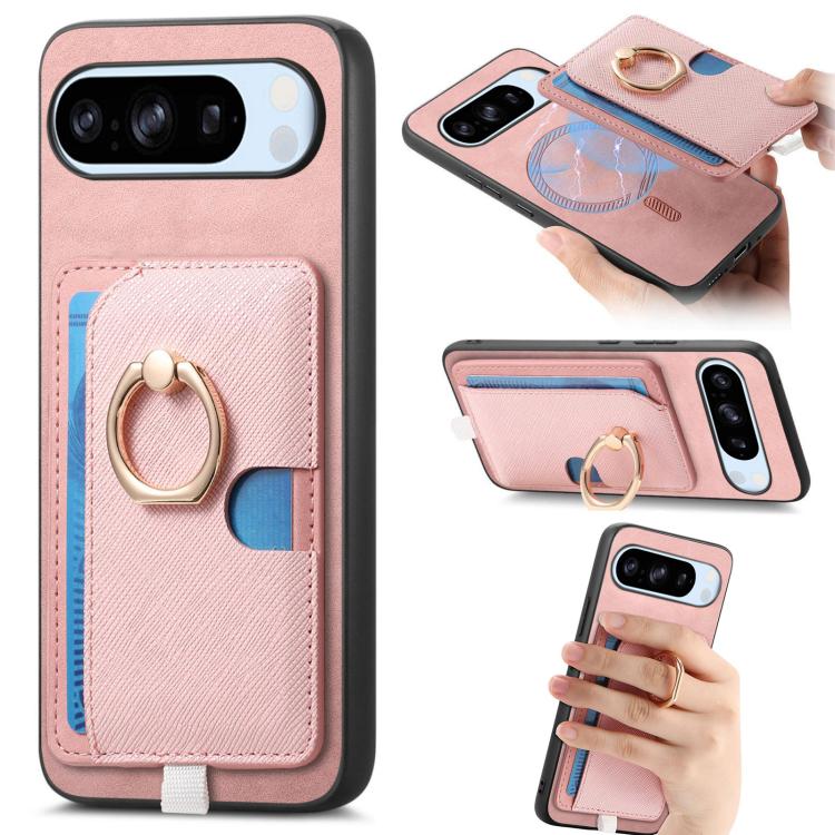Retro Cross Leather Ring Side Insert Card Bag MagSafe Phone Case, Foor Google Pixel 11 Pro XL, For Google Pixel 11, For Google Pixel 11 Pro, For Google Pixel 10 Pro XL, For Google Pixel 9a, For Google Pixel 9 Pro XL, For Google Pixel 8a                ...