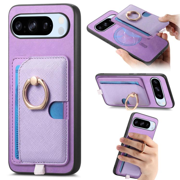 Retro Cross Leather Ring Side Insert Card Bag MagSafe Phone Case, Foor Google Pixel 11 Pro XL, For Google Pixel 11, For Google Pixel 11 Pro, For Google Pixel 10 Pro XL, For Google Pixel 9a, For Google Pixel 9 Pro XL, For Google Pixel 8a                ...