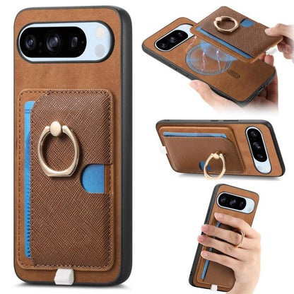 Retro Cross Leather Ring Side Insert Card Bag MagSafe Phone Case, Foor Google Pixel 11 Pro XL, For Google Pixel 11, For Google Pixel 11 Pro, For Google Pixel 10 Pro XL, For Google Pixel 9a, For Google Pixel 9 Pro XL, For Google Pixel 8a                ...