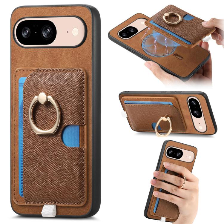 Retro Cross Leather Ring Side Insert Card Bag MagSafe Phone Case, Foor Google Pixel 11 Pro XL, For Google Pixel 11, For Google Pixel 11 Pro, For Google Pixel 10 Pro XL, For Google Pixel 9a, For Google Pixel 9 Pro XL, For Google Pixel 8a                ...