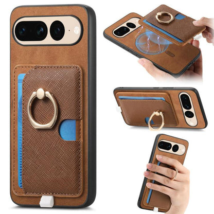 Retro Cross Leather Ring Side Insert Card Bag MagSafe Phone Case, Foor Google Pixel 11 Pro XL, For Google Pixel 11, For Google Pixel 11 Pro, For Google Pixel 10 Pro XL, For Google Pixel 9a, For Google Pixel 9 Pro XL, For Google Pixel 8a                ...