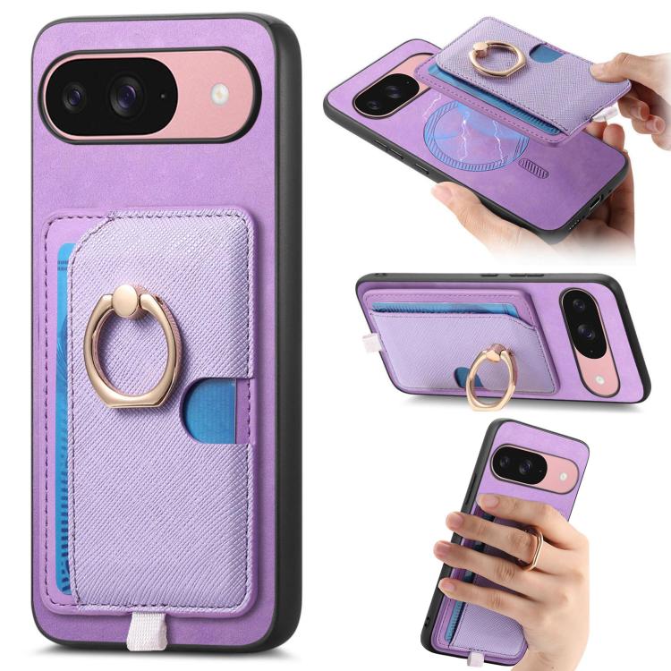 Retro Cross Leather Ring Side Insert Card Bag MagSafe Phone Case, For Google Pixel 9 / 9 Pro