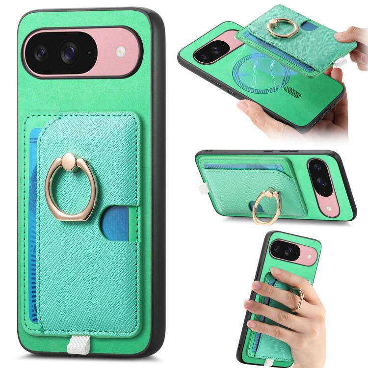 Retro Cross Leather Ring Side Insert Card Bag MagSafe Phone Case, For Google Pixel 9 / 9 Pro