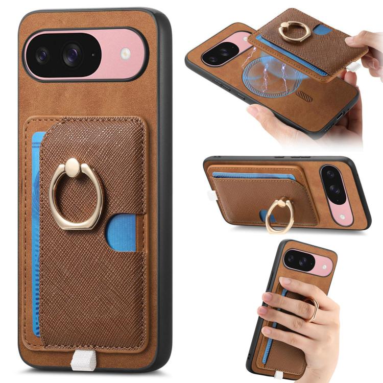 Retro Cross Leather Ring Side Insert Card Bag MagSafe Phone Case, For Google Pixel 9 / 9 Pro