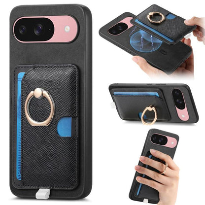 Retro Cross Leather Ring Side Insert Card Bag MagSafe Phone Case, For Google Pixel 9 / 9 Pro