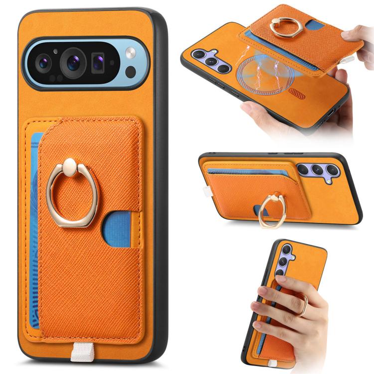 Retro Cross Leather Ring Side Insert Card Bag MagSafe Phone Case, Foor Google Pixel 11 Pro XL, For Google Pixel 11, For Google Pixel 11 Pro, For Google Pixel 10 Pro XL, For Google Pixel 9a, For Google Pixel 9 Pro XL, For Google Pixel 8a                ...