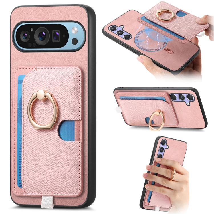 Retro Cross Leather Ring Side Insert Card Bag MagSafe Phone Case, Foor Google Pixel 11 Pro XL, For Google Pixel 11, For Google Pixel 11 Pro, For Google Pixel 10 Pro XL, For Google Pixel 9a, For Google Pixel 9 Pro XL, For Google Pixel 8a                ...