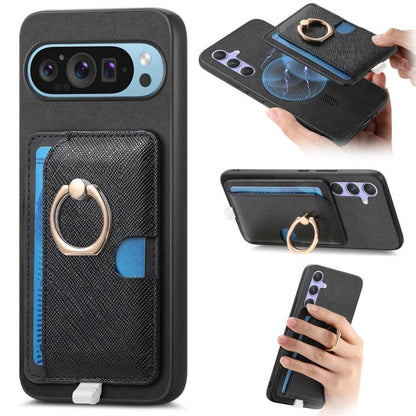 Retro Cross Leather Ring Side Insert Card Bag MagSafe Phone Case, Foor Google Pixel 11 Pro XL, For Google Pixel 11, For Google Pixel 11 Pro, For Google Pixel 10 Pro XL, For Google Pixel 9a, For Google Pixel 9 Pro XL, For Google Pixel 8a                ...