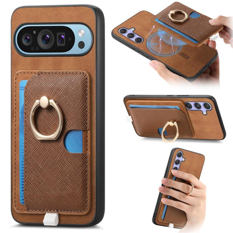 Retro Cross Leather Ring Side Insert Card Bag MagSafe Phone Case, Foor Google Pixel 11 Pro XL, For Google Pixel 11, For Google Pixel 11 Pro, For Google Pixel 10 Pro XL, For Google Pixel 9a, For Google Pixel 9 Pro XL, For Google Pixel 8a                ...