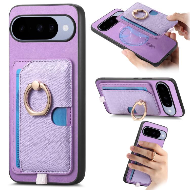 Retro Cross Leather Ring Side Insert Card Bag MagSafe Phone Case, Foor Google Pixel 11 Pro XL, For Google Pixel 11, For Google Pixel 11 Pro, For Google Pixel 10 Pro XL, For Google Pixel 9a, For Google Pixel 9 Pro XL, For Google Pixel 8a                ...