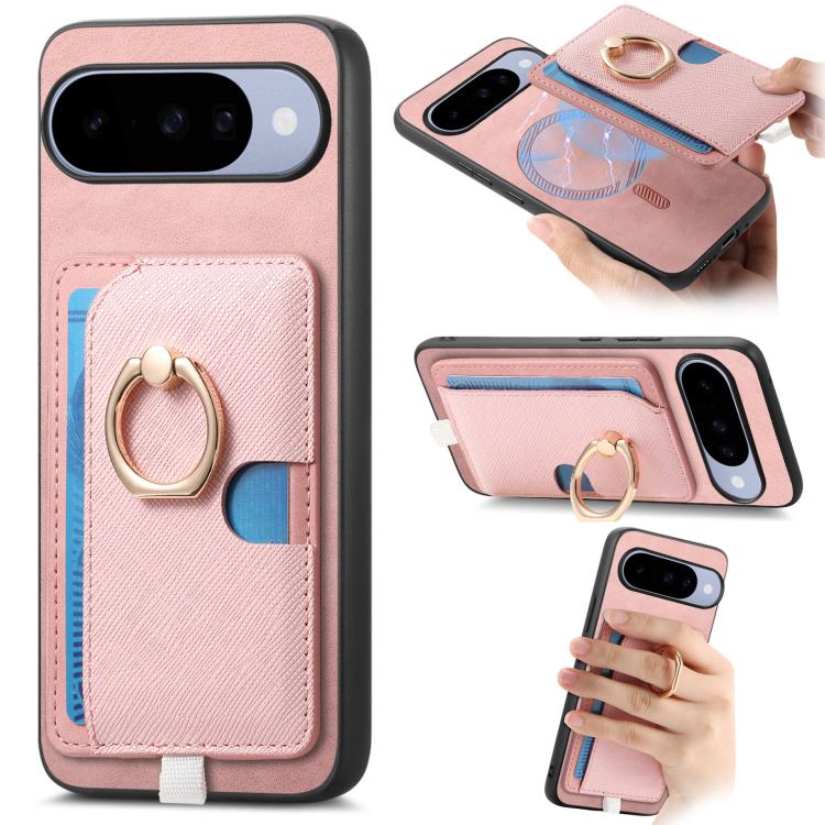 Retro Cross Leather Ring Side Insert Card Bag MagSafe Phone Case, Foor Google Pixel 11 Pro XL, For Google Pixel 11, For Google Pixel 11 Pro, For Google Pixel 10 Pro XL, For Google Pixel 9a, For Google Pixel 9 Pro XL, For Google Pixel 8a                ...