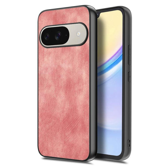 Vintage leather-look phone case with pink textured back and camera cutout, slim profile