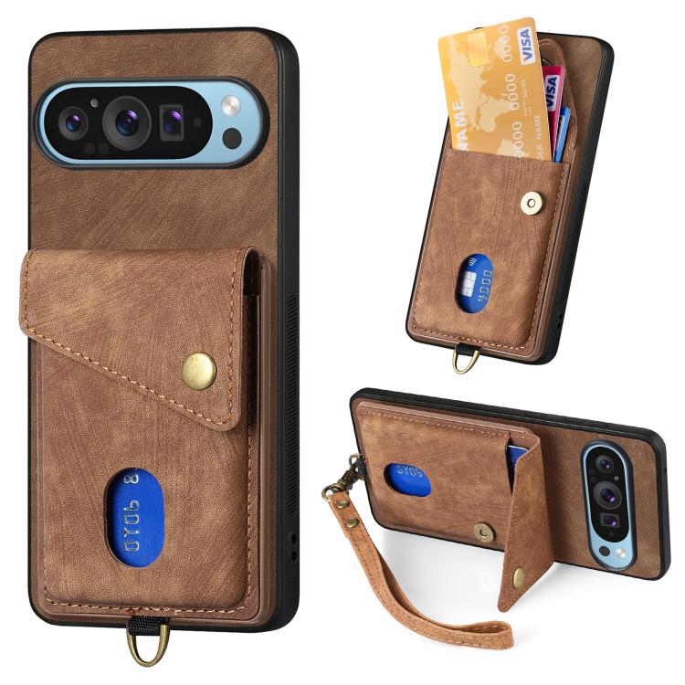 Retro Card Wallet Fold Leather Phone Case with Strap, For Google Pixel 11 Pro XL, For Google Pixel 11, For Google Pixel 11 Pro, For Google Pixel 10 Pro XL, For Google Pixel 9a, For Google Pixel 9 Pro XL, For Google Pixel 10 / 10 Pro                    ...