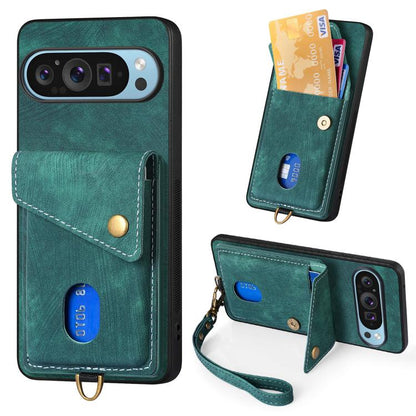 Retro Card Wallet Fold Leather Phone Case with Strap, For Google Pixel 11 Pro XL, For Google Pixel 11, For Google Pixel 11 Pro, For Google Pixel 10 Pro XL, For Google Pixel 9a, For Google Pixel 9 Pro XL, For Google Pixel 10 / 10 Pro                    ...