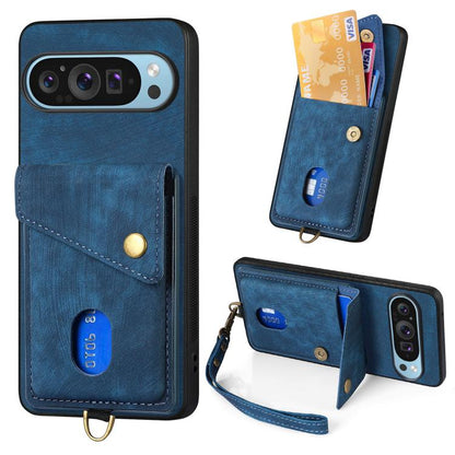 Retro Card Wallet Fold Leather Phone Case with Strap, For Google Pixel 11 Pro XL, For Google Pixel 11, For Google Pixel 11 Pro, For Google Pixel 10 Pro XL, For Google Pixel 9a, For Google Pixel 9 Pro XL, For Google Pixel 10 / 10 Pro                    ...