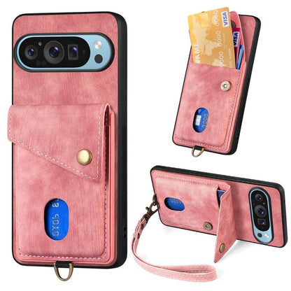 Retro Card Wallet Fold Leather Phone Case with Strap, For Google Pixel 11 Pro XL, For Google Pixel 11, For Google Pixel 11 Pro, For Google Pixel 10 Pro XL, For Google Pixel 9a, For Google Pixel 9 Pro XL, For Google Pixel 10 / 10 Pro                    ...