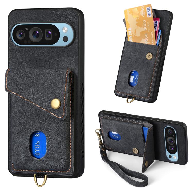 Retro Card Wallet Fold Leather Phone Case with Strap, For Google Pixel 11 Pro XL, For Google Pixel 11, For Google Pixel 11 Pro, For Google Pixel 10 Pro XL, For Google Pixel 9a, For Google Pixel 9 Pro XL, For Google Pixel 10 / 10 Pro                    ...