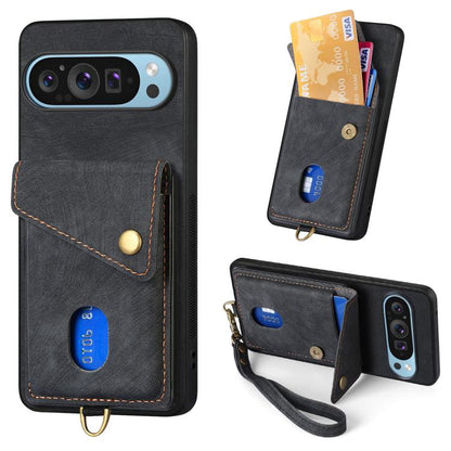 Retro Card Wallet Fold Leather Phone Case with Strap, For Google Pixel 11 Pro XL, For Google Pixel 11, For Google Pixel 11 Pro, For Google Pixel 10 Pro XL, For Google Pixel 9a, For Google Pixel 9 Pro XL, For Google Pixel 10 / 10 Pro                    ...