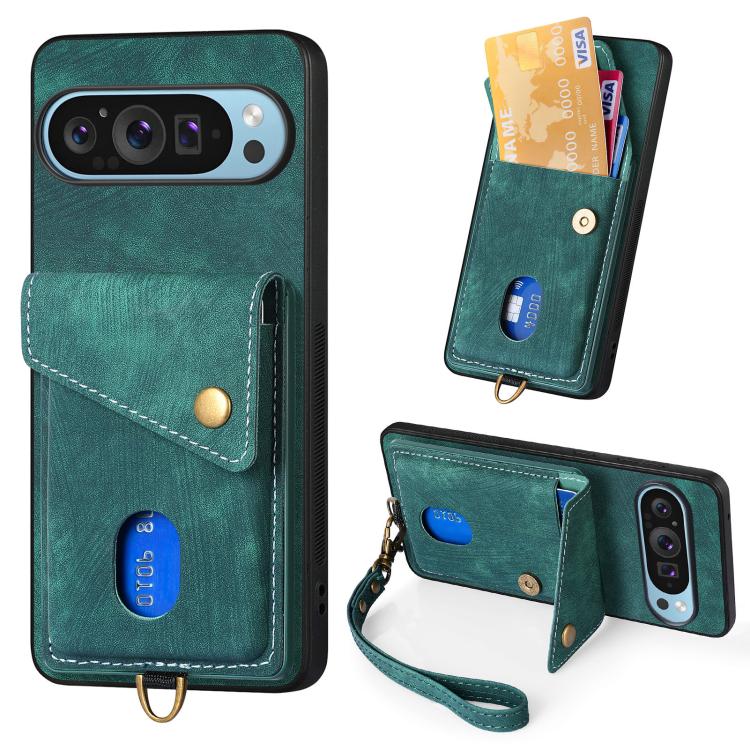 Retro Card Wallet Fold Leather Phone Case with Strap, For Google Pixel 11 Pro XL, For Google Pixel 11, For Google Pixel 11 Pro, For Google Pixel 10 Pro XL, For Google Pixel 9a, For Google Pixel 9 Pro XL, For Google Pixel 10 / 10 Pro                    ...
