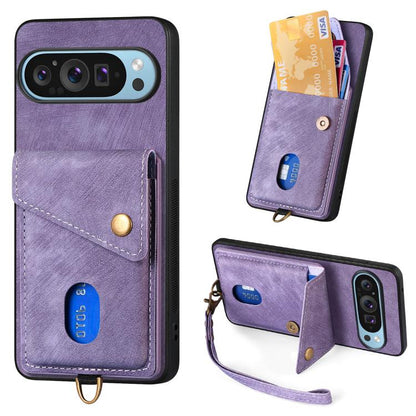 Retro Card Wallet Fold Leather Phone Case with Strap, For Google Pixel 11 Pro XL, For Google Pixel 11, For Google Pixel 11 Pro, For Google Pixel 10 Pro XL, For Google Pixel 9a, For Google Pixel 9 Pro XL, For Google Pixel 10 / 10 Pro                    ...