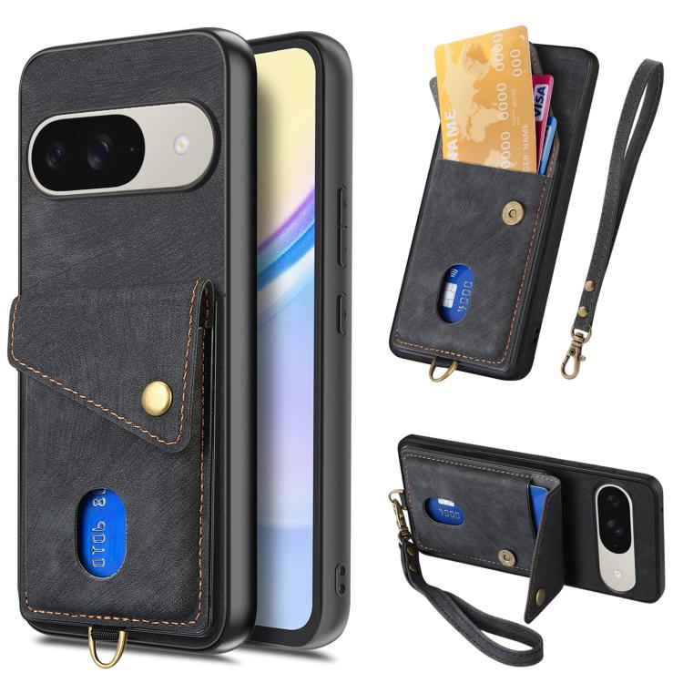 Retro Card Wallet Fold Leather Phone Case with Strap, For Google Pixel 11 Pro XL, For Google Pixel 11, For Google Pixel 11 Pro, For Google Pixel 10 Pro XL, For Google Pixel 9a, For Google Pixel 9 Pro XL, For Google Pixel 10 / 10 Pro                    ...