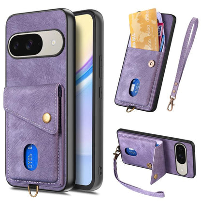 Retro Card Wallet Fold Leather Phone Case with Strap, For Google Pixel 11 Pro XL, For Google Pixel 11, For Google Pixel 11 Pro, For Google Pixel 10 Pro XL, For Google Pixel 9a, For Google Pixel 9 Pro XL, For Google Pixel 10 / 10 Pro                    ...