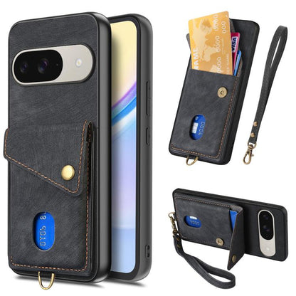 Retro Card Wallet Fold Leather Phone Case with Strap, For Google Pixel 11 Pro XL, For Google Pixel 11, For Google Pixel 11 Pro, For Google Pixel 10 Pro XL, For Google Pixel 9a, For Google Pixel 9 Pro XL, For Google Pixel 10 / 10 Pro                    ...