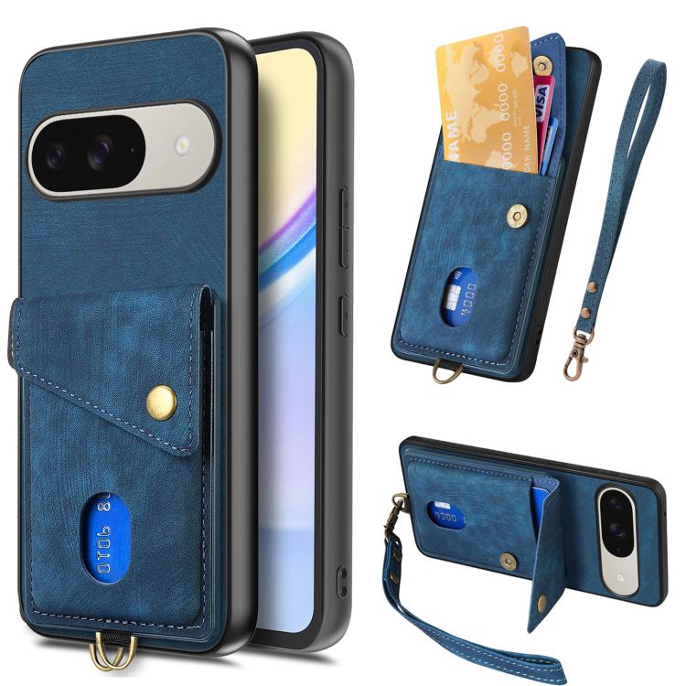 Retro Card Wallet Fold Leather Phone Case with Strap, For Google Pixel 11 Pro XL, For Google Pixel 11, For Google Pixel 11 Pro, For Google Pixel 10 Pro XL, For Google Pixel 9a, For Google Pixel 9 Pro XL, For Google Pixel 10 / 10 Pro                    ...