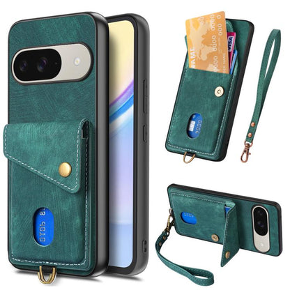 Retro Card Wallet Fold Leather Phone Case with Strap, For Google Pixel 11 Pro XL, For Google Pixel 11, For Google Pixel 11 Pro, For Google Pixel 10 Pro XL, For Google Pixel 9a, For Google Pixel 9 Pro XL, For Google Pixel 10 / 10 Pro                    ...