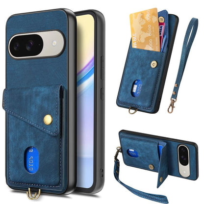 Retro Card Wallet Fold Leather Phone Case with Strap, For Google Pixel 11 Pro XL, For Google Pixel 11, For Google Pixel 11 Pro, For Google Pixel 10 Pro XL, For Google Pixel 9a, For Google Pixel 9 Pro XL, For Google Pixel 10 / 10 Pro                    ...