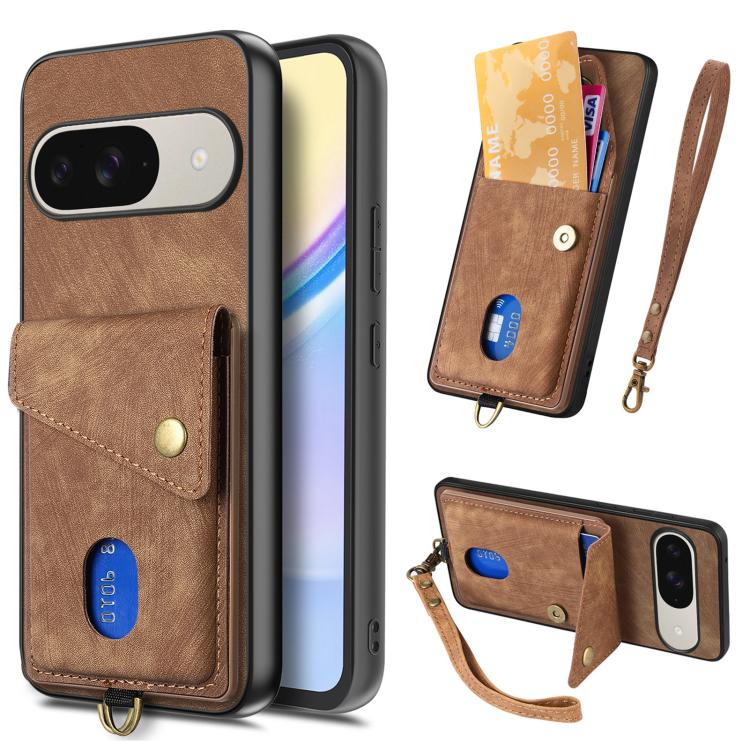 Retro Card Wallet Fold Leather Phone Case with Strap, For Google Pixel 11 Pro XL, For Google Pixel 11, For Google Pixel 11 Pro, For Google Pixel 10 Pro XL, For Google Pixel 9a, For Google Pixel 9 Pro XL, For Google Pixel 10 / 10 Pro                    ...