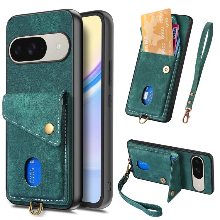 Retro Card Wallet Fold Leather Phone Case with Strap, For Google Pixel 11 Pro XL, For Google Pixel 11, For Google Pixel 11 Pro, For Google Pixel 10 Pro XL, For Google Pixel 9a, For Google Pixel 9 Pro XL, For Google Pixel 10 / 10 Pro                    ...