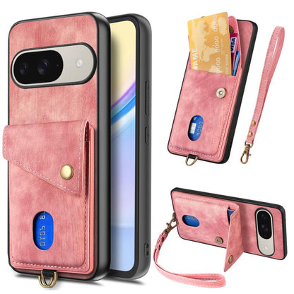 Retro Card Wallet Fold Leather Phone Case with Strap, For Google Pixel 11 Pro XL, For Google Pixel 11, For Google Pixel 11 Pro, For Google Pixel 10 Pro XL, For Google Pixel 9a, For Google Pixel 9 Pro XL, For Google Pixel 10 / 10 Pro                    ...