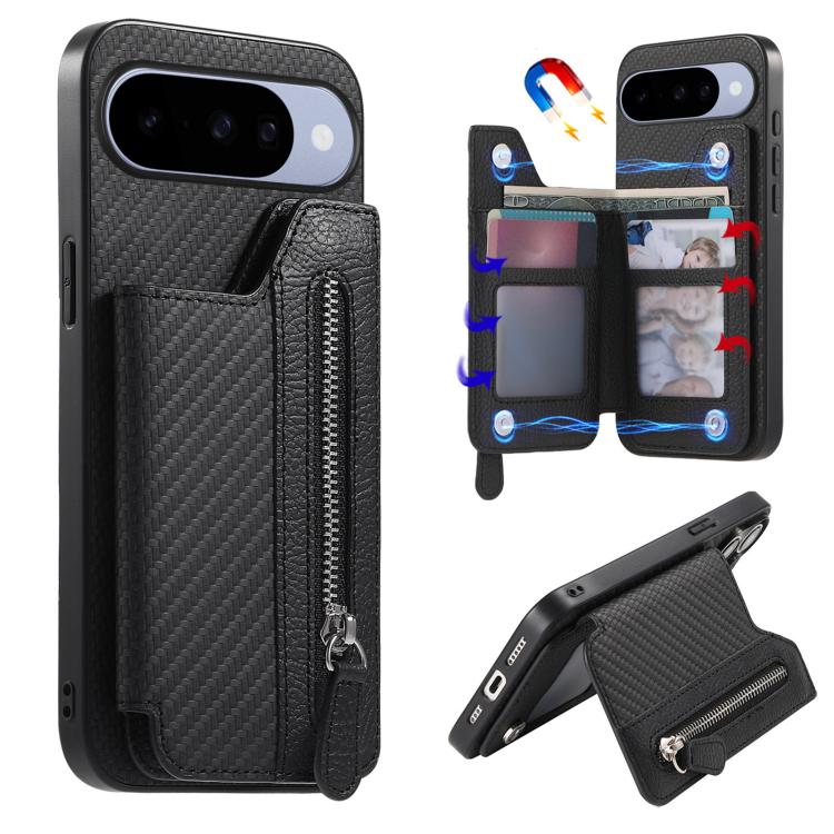 Carbon Fiber Horizontal Flip Zipper Wallet Phone Case, For Google Pixel 11 Pro XL, For Google Pixel 11, For Google Pixel 11 Pro, For Google Pixel 10 Pro XL, For Google Pixel 9a, For Google Pixel 9 Pro XL, For Google Pixel 10 / 10 Pro                   ...