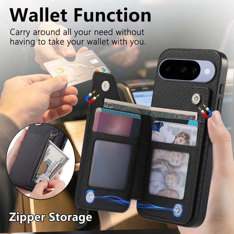 Carbon Fiber Horizontal Flip Zipper Wallet Phone Case, For Google Pixel 11 Pro XL, For Google Pixel 11, For Google Pixel 11 Pro, For Google Pixel 10 Pro XL, For Google Pixel 9a, For Google Pixel 9 Pro XL, For Google Pixel 10 / 10 Pro                   ...