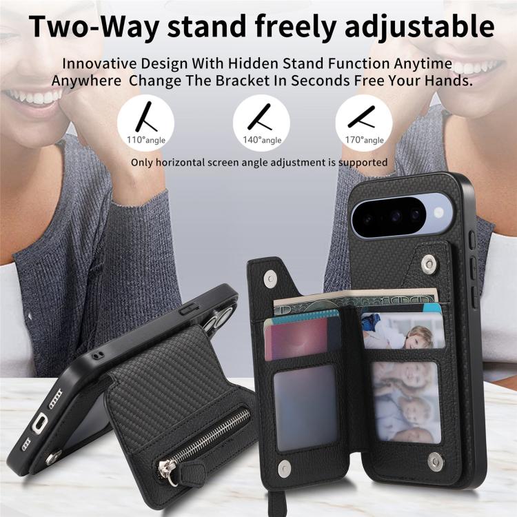 Carbon Fiber Horizontal Flip Zipper Wallet Phone Case, For Google Pixel 11 Pro XL, For Google Pixel 11, For Google Pixel 11 Pro, For Google Pixel 10 Pro XL, For Google Pixel 9a, For Google Pixel 9 Pro XL, For Google Pixel 10 / 10 Pro                   ...