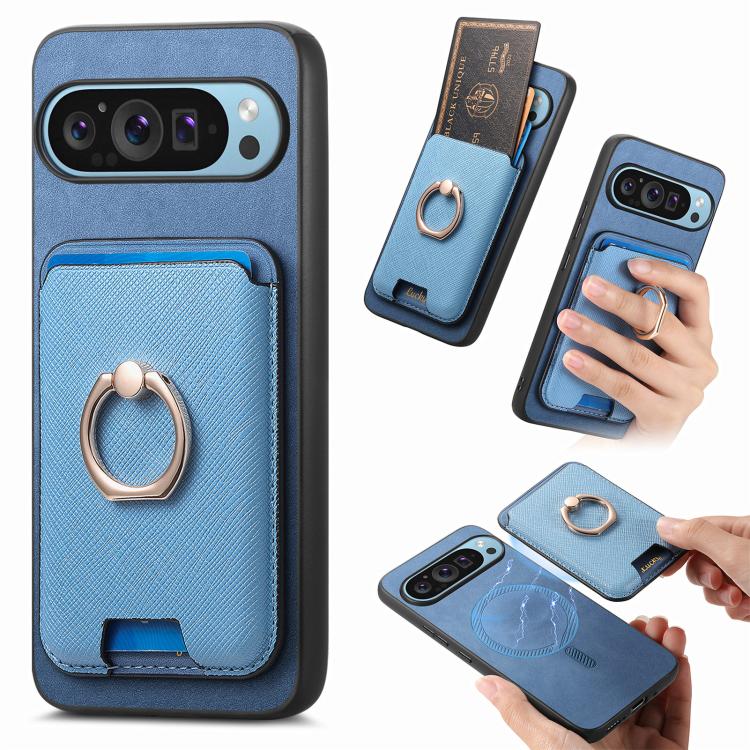 Retro Cross Leather Ring Vertical Insert Card Bag MagSafe Phone Case, For Google Pixel 11 Pro XL, For Google Pixel 11, For Google Pixel 11 Pro, For Google Pixel 10 Pro XL, For Google Pixel 9a, For Google Pixel 9 Pro XL, For Google Pixel 8a             ...