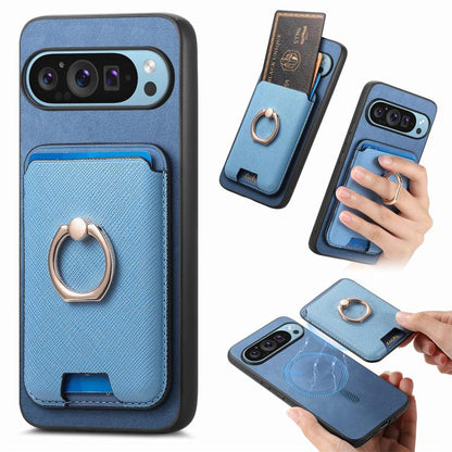 Retro Cross Leather Ring Vertical Insert Card Bag MagSafe Phone Case, For Google Pixel 11 Pro XL, For Google Pixel 11, For Google Pixel 11 Pro, For Google Pixel 10 Pro XL, For Google Pixel 9a, For Google Pixel 9 Pro XL, For Google Pixel 8a             ...