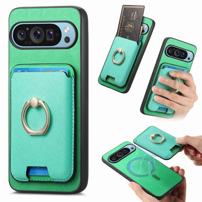Retro Cross Leather Ring Vertical Insert Card Bag MagSafe Phone Case, For Google Pixel 11 Pro XL, For Google Pixel 11, For Google Pixel 11 Pro, For Google Pixel 10 Pro XL, For Google Pixel 9a, For Google Pixel 9 Pro XL, For Google Pixel 8a             ...