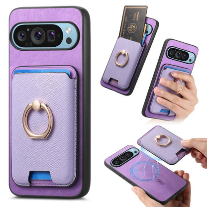 Retro Cross Leather Ring Vertical Insert Card Bag MagSafe Phone Case, For Google Pixel 11 Pro XL, For Google Pixel 11, For Google Pixel 11 Pro, For Google Pixel 10 Pro XL, For Google Pixel 9a, For Google Pixel 9 Pro XL, For Google Pixel 8a             ...