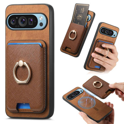 Retro Cross Leather Ring Vertical Insert Card Bag MagSafe Phone Case, For Google Pixel 11 Pro XL, For Google Pixel 11, For Google Pixel 11 Pro, For Google Pixel 10 Pro XL, For Google Pixel 9a, For Google Pixel 9 Pro XL, For Google Pixel 8a             ...